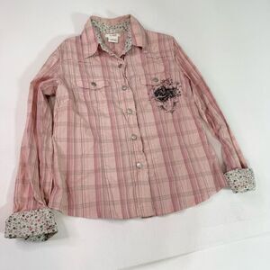 VTG Flowers Shirt‎ Top Womens Large Y2K Western Pearl Snap Button Up Long Sleeve
